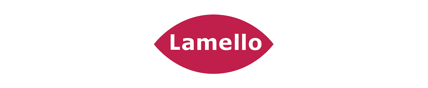 Lamello brand logo in white text inside a magenta-red teardrop shape on a solid white background.