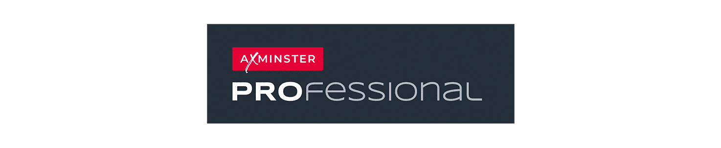 A rectangular dark navy logo card with the text 'AXMINSTER PROFESSIONAL' in white and red, centered on a light grey background.
