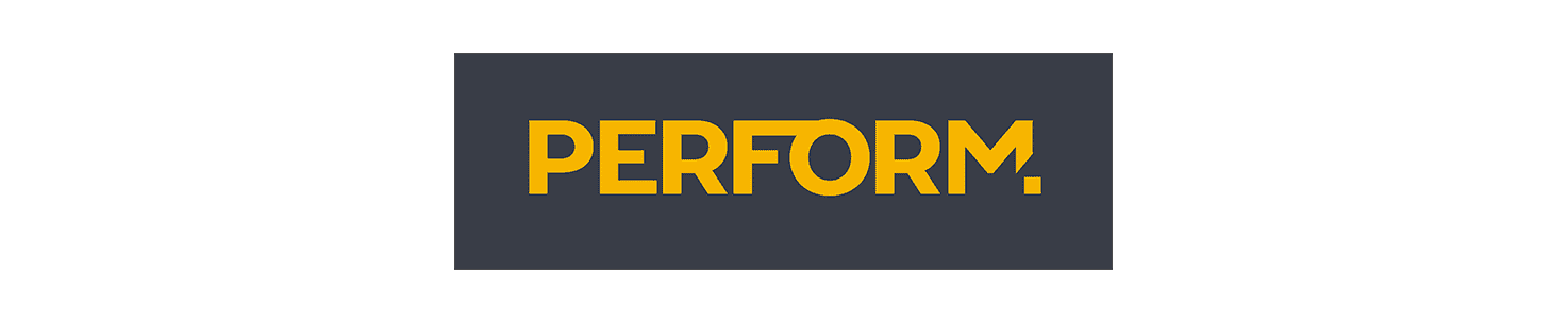 A rectangular dark gray logo card with the word 'PERFORM.' in bold yellow letters, centered on a plain white background.