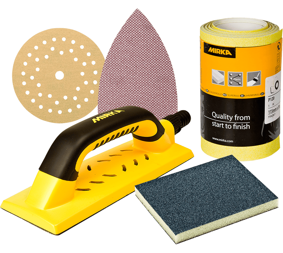 A Mirka sanding and finishing kit on a white background, including a yellow and black electric sanding block, a yellow sanding disc, a pink abrasive sheet.