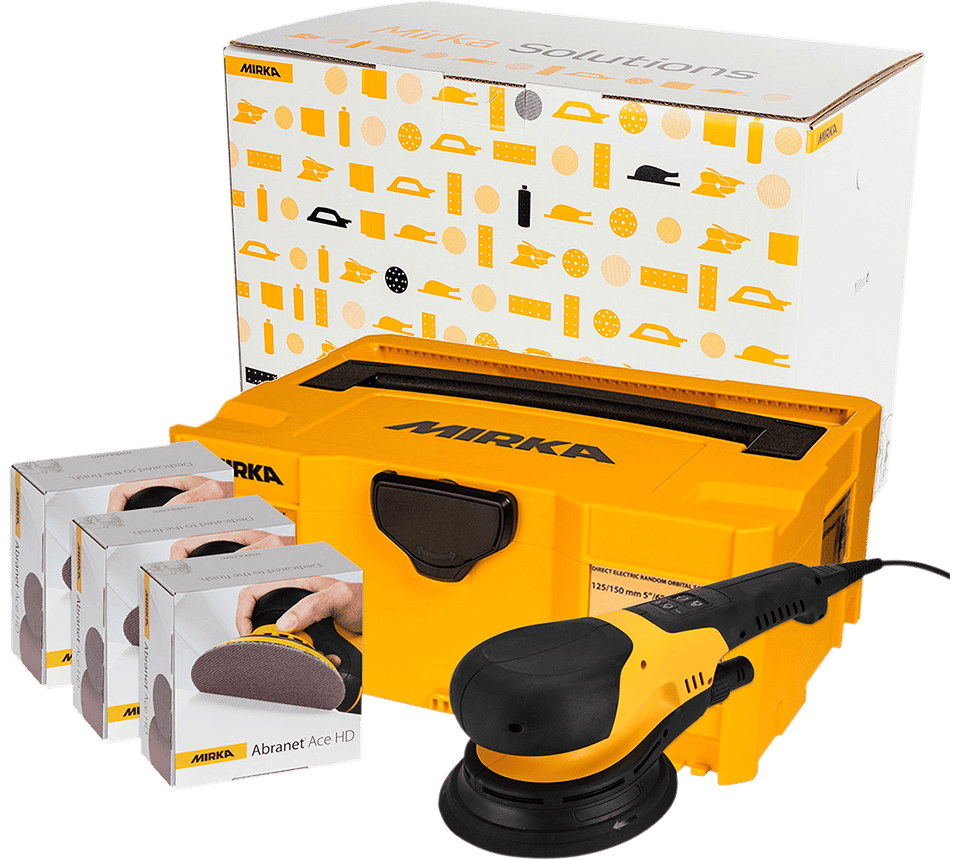 A Mirka orbital sander with its yellow carrying case, three product boxes, and a branded storage box on a clean white background.