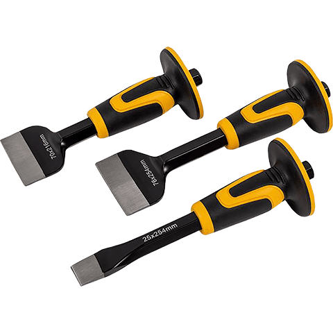 Three black and yellow hand tools with flat metal blades, arranged diagonally on a plain white background. The handles have a textured grip design, and the blades are marked with sizes '70x25mm' and '20x254mm'.