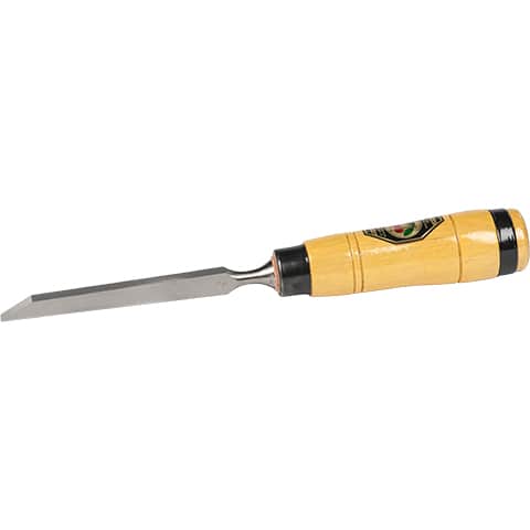 A wood chisel with a light yellow wooden handle, black ferrule, and a silver steel blade, shown against a plain white background.