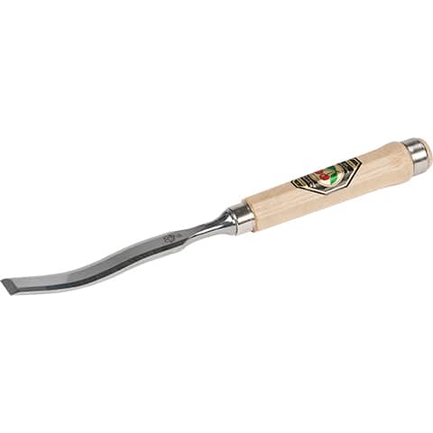 A curved metal chisel with a light natural wood handle and a silver metal bolster, featuring a colorful shield-shaped logo on the handle.