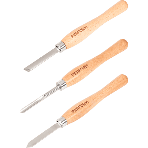 Three wood carving chisels with light natural wood handles and silver metal blades, arranged diagonally on a plain white background. The handles are engraved with the brand name 'PERFORM'.