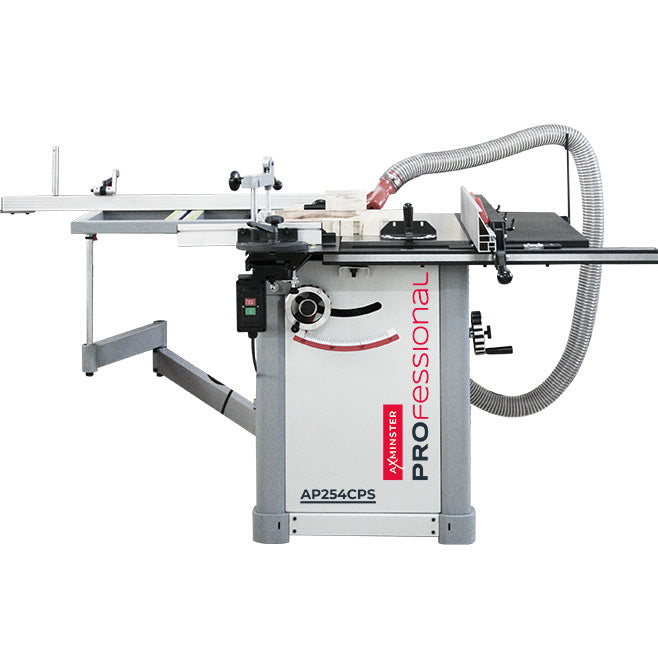 An Axminster professional table saw with a silver and white cabinet body, featuring red and black branding, a grey dust collection hose, and an extended metal table top and fence system, shown against a solid white background.