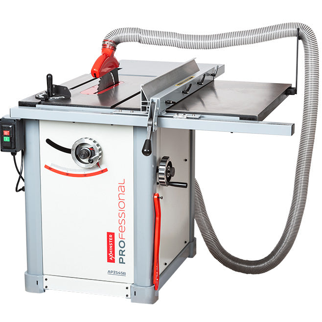 An Axminster Professional table saw with a grey dust collection hose connected to the side, shown on a solid white background.