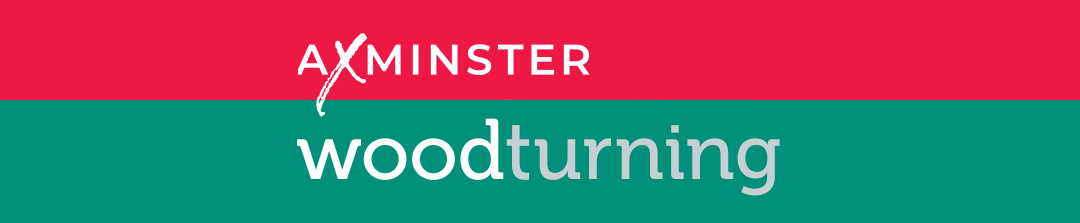 Axminster Woodturning logo. Axminster in white on a red background and woodturning in white on a green background