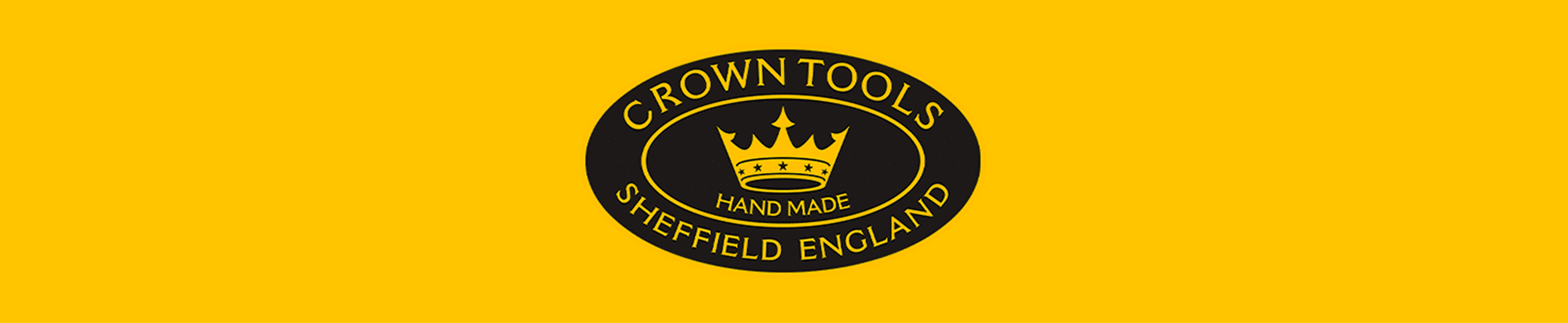 Crown Tools logo. Oval shape with the words crown tools handmade sheffield England and the picture of a crown in black. All set on a yellow background